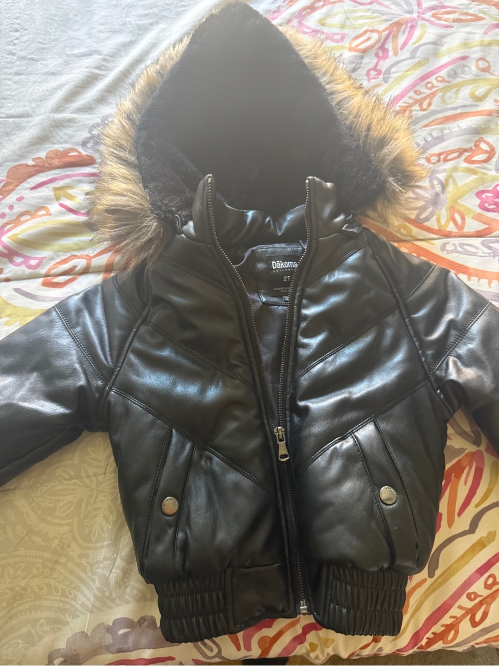 Kids Black Faux Leather Hooded Jacket with Fur Trim